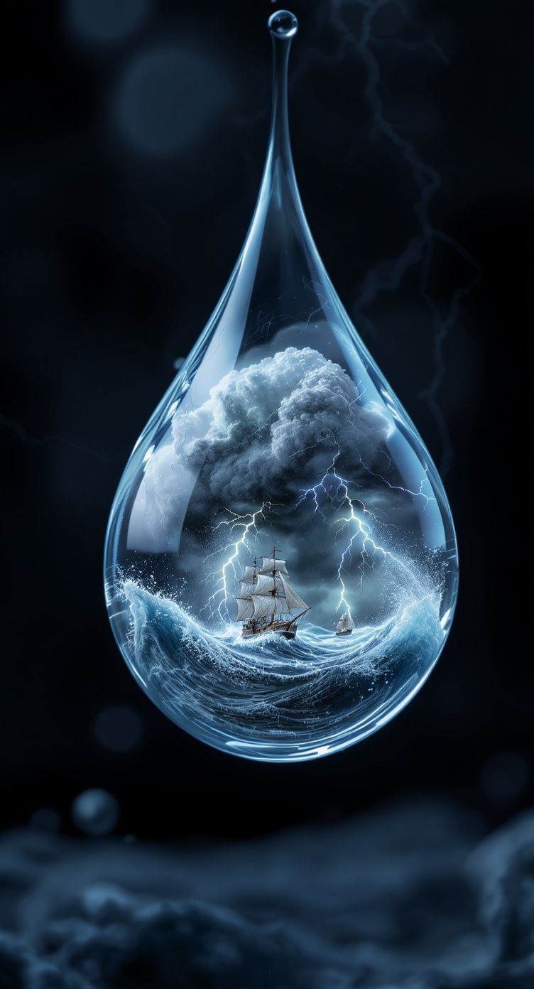 Andrei Glangher – Ultra-realistic 8K macro DSLR photograph of a perfectly crystal-clear water droplet suspended in mid-air. Inside the …