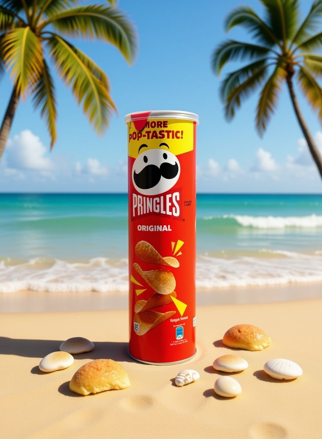 Hsji – A vibrant Pringles Original potato chips can sitting on pristine white sand beach, golden hour lighting casting warm …