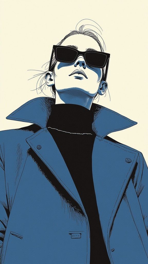 Lina Gul’ – A stylized digital illustration of a fashionable person viewed from a low angle, creating a powerful and dominant per…
