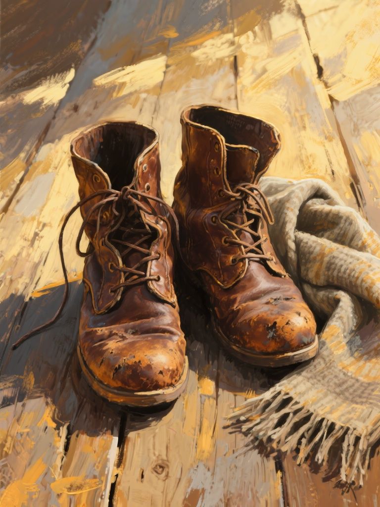 bluewallblacktile – Painterly illustration of rugged, worn leather boots standing side by side on weathered wooden floorboards. Expressiv…