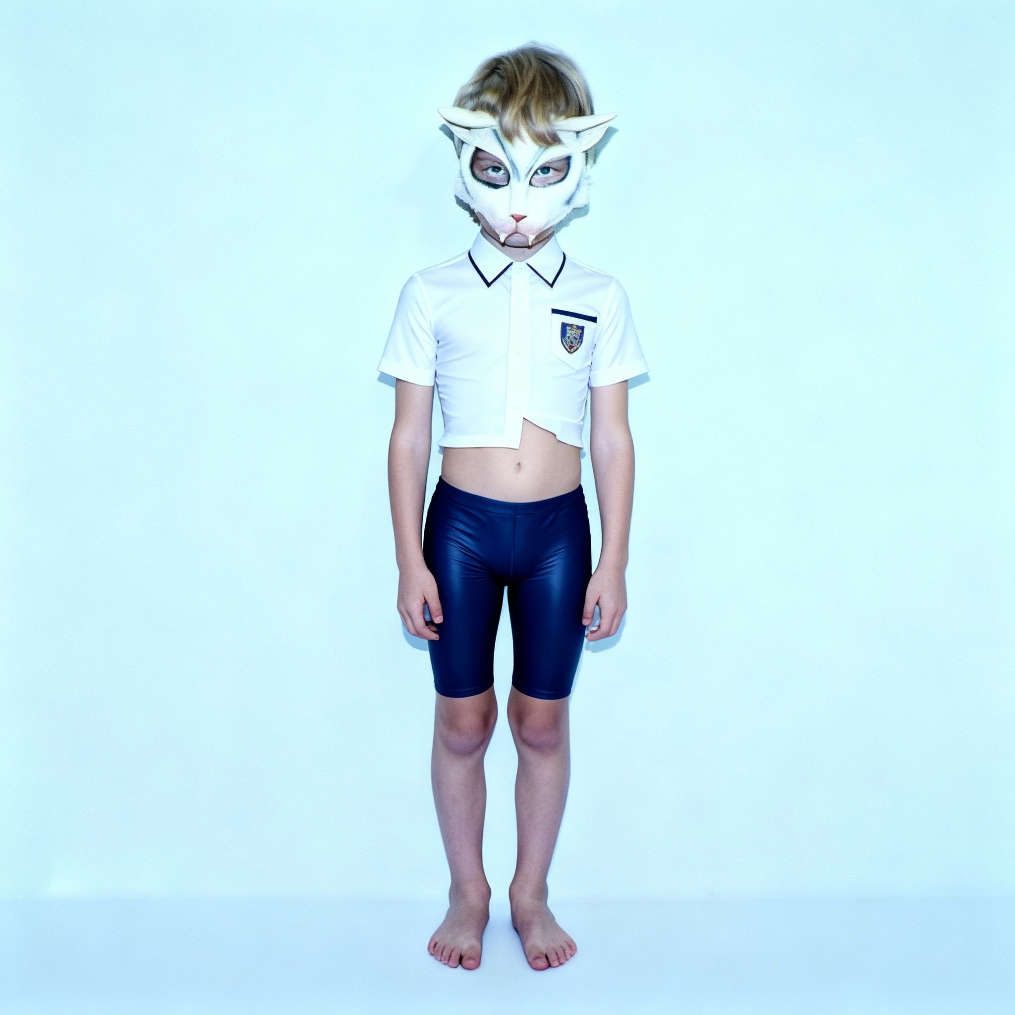 gorbino quest – Transform the young boy's outfit in the image to a skintight school uniform that exposes his bellybutton, featuring a…