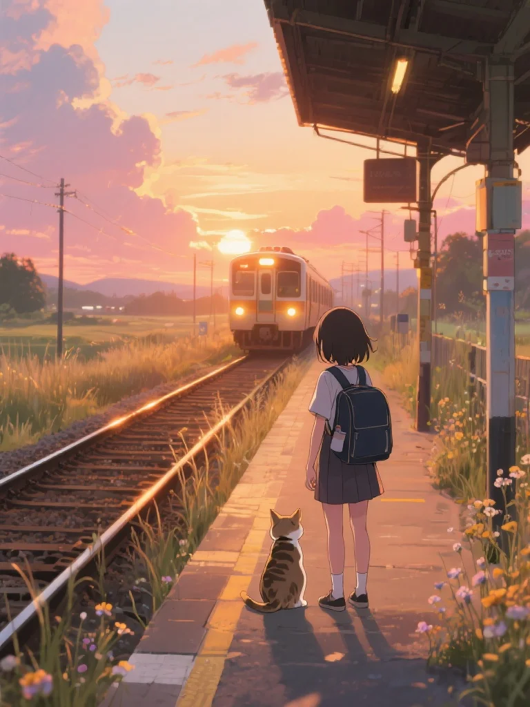C. – Anime girl and tabby cat waiting together on quiet countryside train platform at dusk, emotional back view compositio…