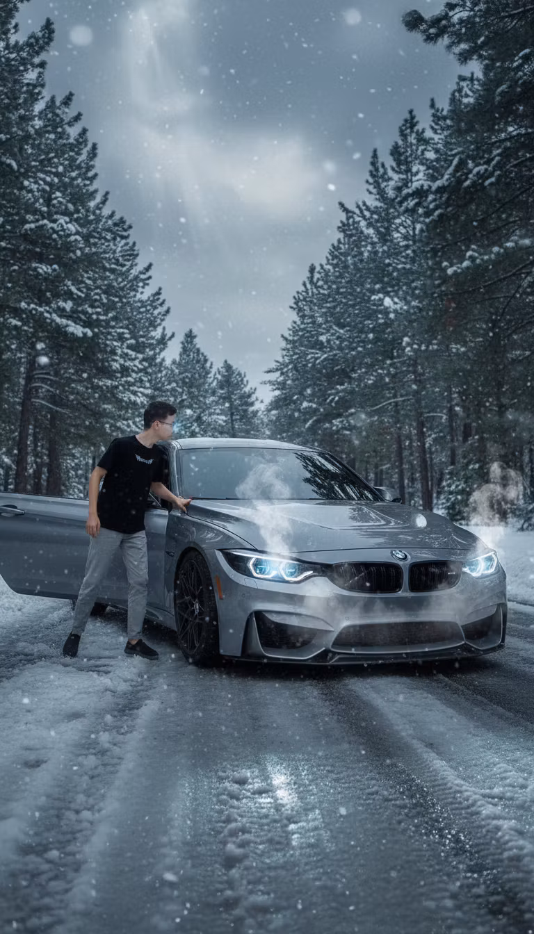 Murodjon Latipov – Create a dynamic scene where the young man is stepping out of the driver's side of the grey BMW M3 on the snowy road.…
