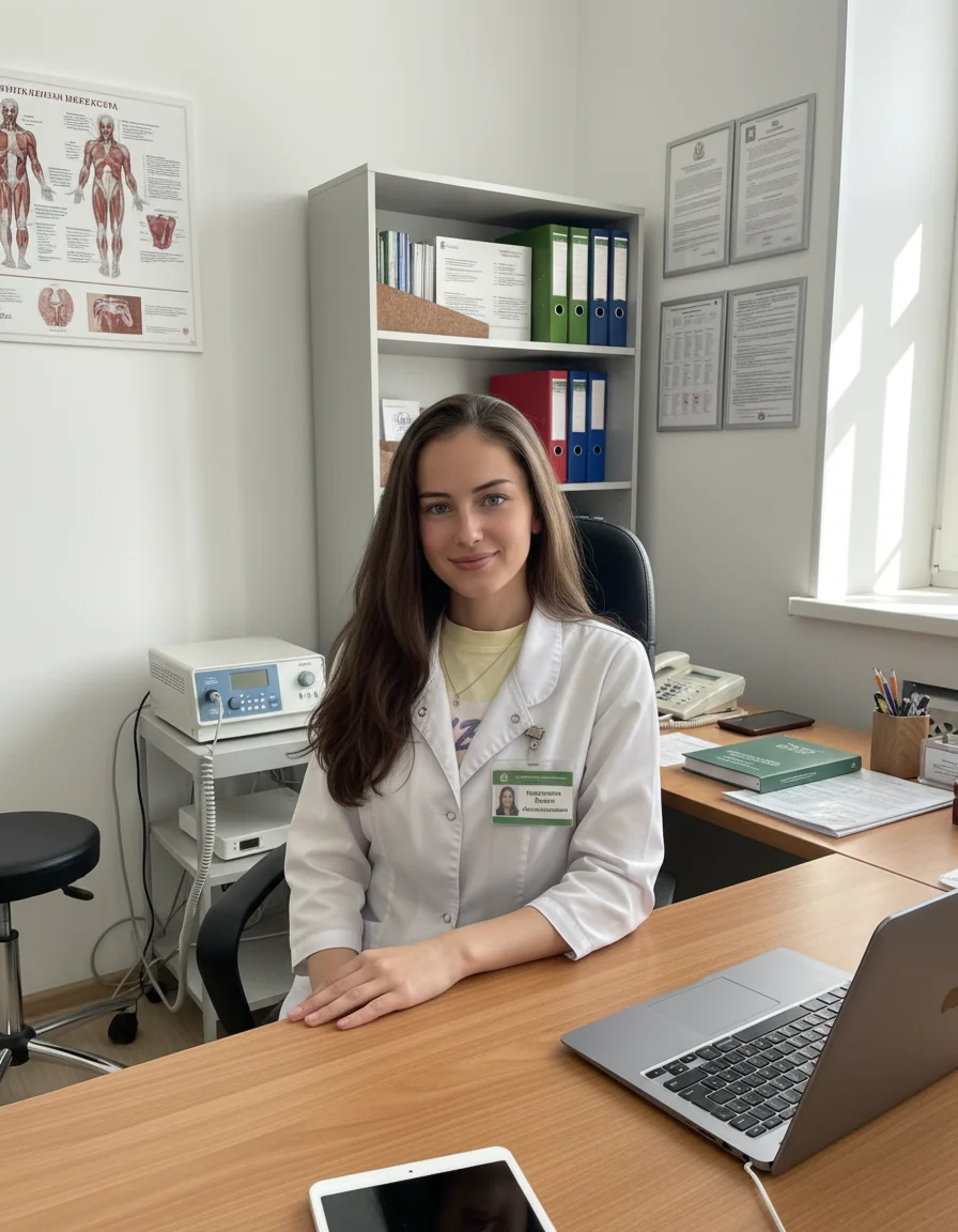 Варвара – Professional young female doctor with long dark chestnut hair and blue eyes, wearing a crisp white medical coat over …