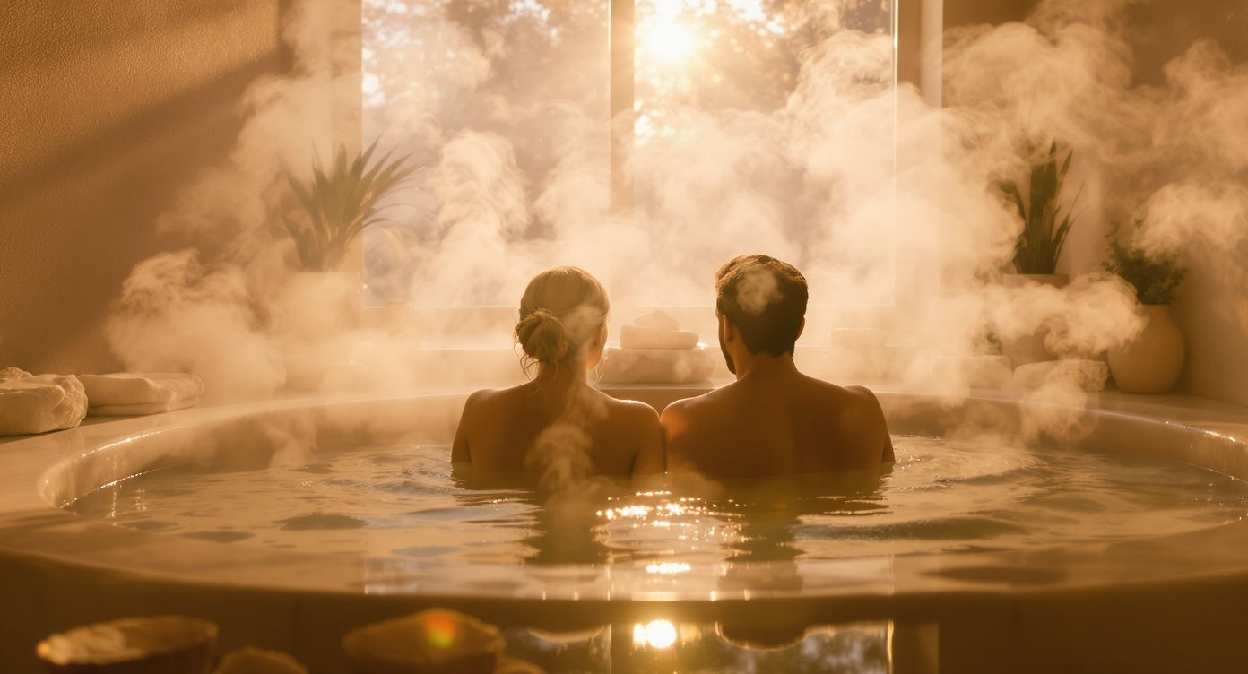 Oksana Tkachuk – A wide horizontal photograph of a couple sitting together in a luxurious spa hot tub, captured from behind showing th…