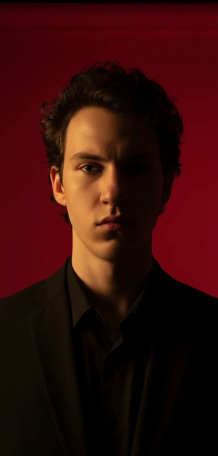 Kevin Kross – Vertical portrait in 9:16 aspect ratio, 1080x1920 resolution, of a young man with short dark curly hair, serious ster…