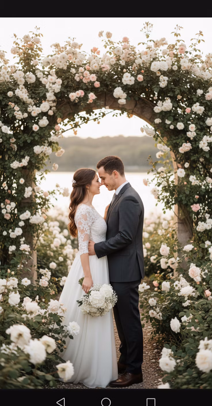 Olesaya Zavolskaya12 – A hyper-realistic photo of a beautiful young couple on their wedding day, embracing in a lush rose garden. The bride,…