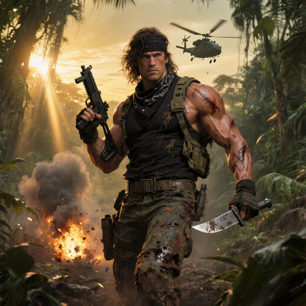 Markoub ma – Hyper-detailed digital artwork of a muscular warrior in classic 1980s action hero style. Powerful male figure wearing…