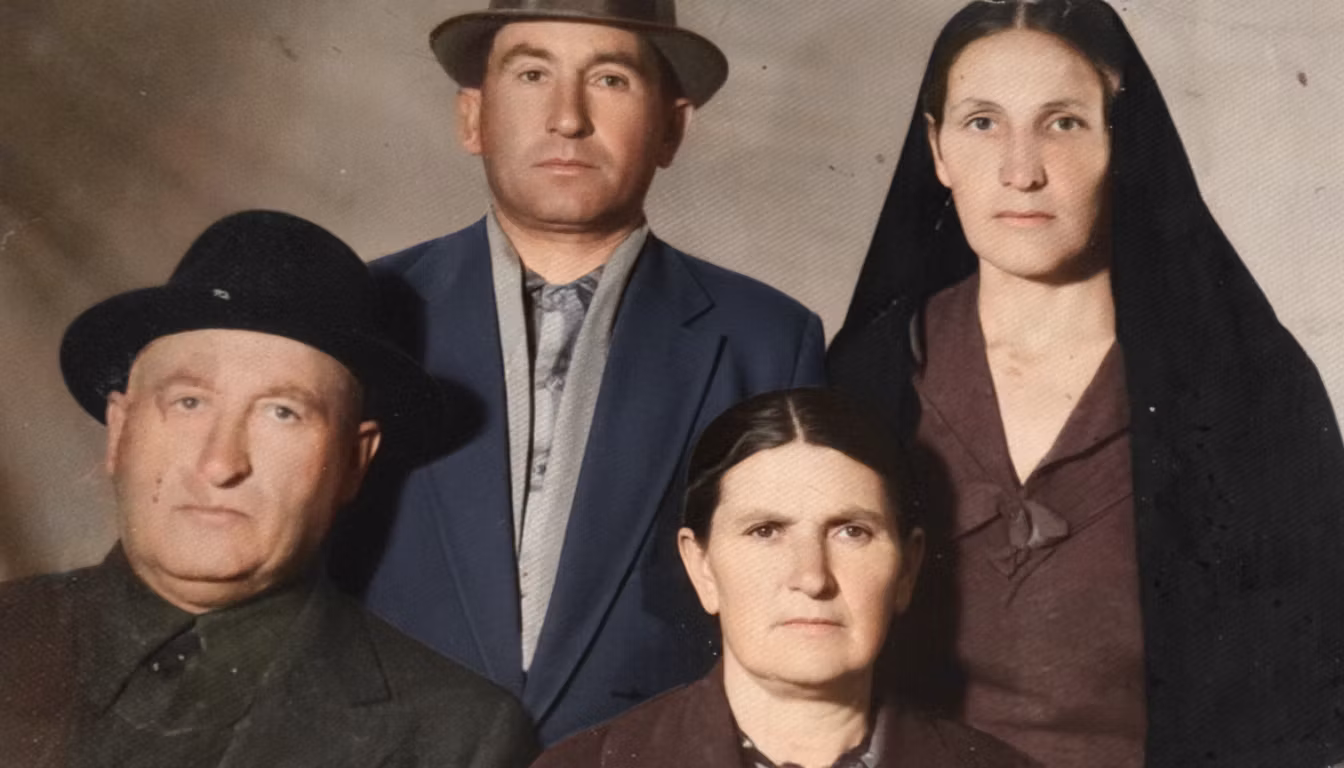 Par us – Transform this vintage black and white family portrait into a modern color photograph. Colorize the image with realis…