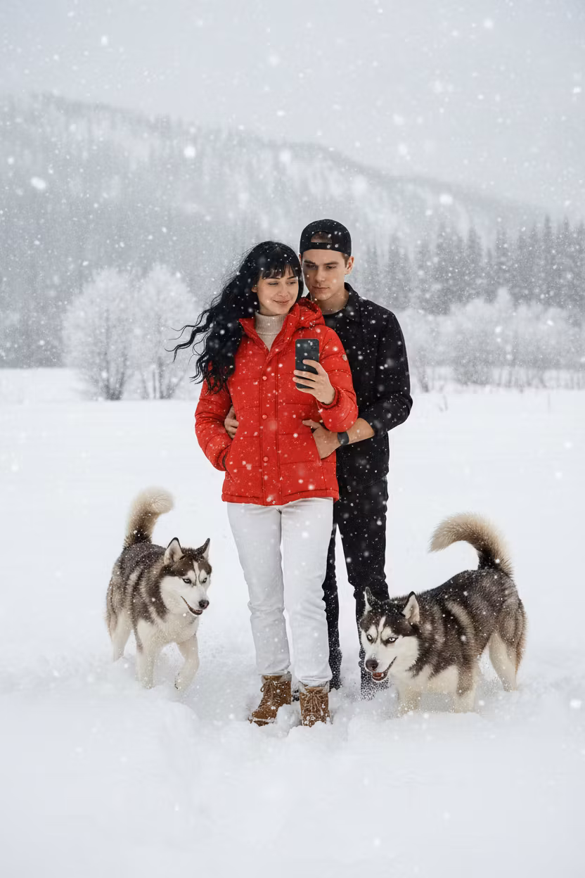 Олеся Завольская – Transform this indoor scene into a beautiful winter outdoor setting with heavy snowfall. The girl should be wearing w…