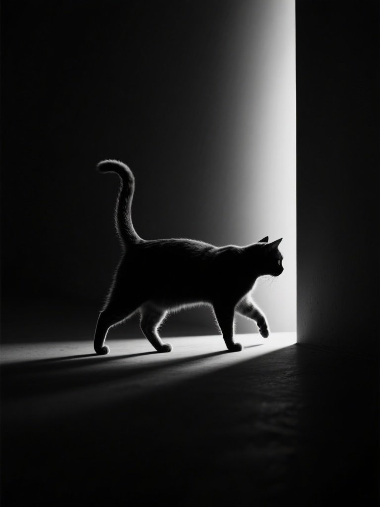 C. – A minimalist, high-contrast black-and-white scene featuring a cat walking along a narrow beam of light coming from th…