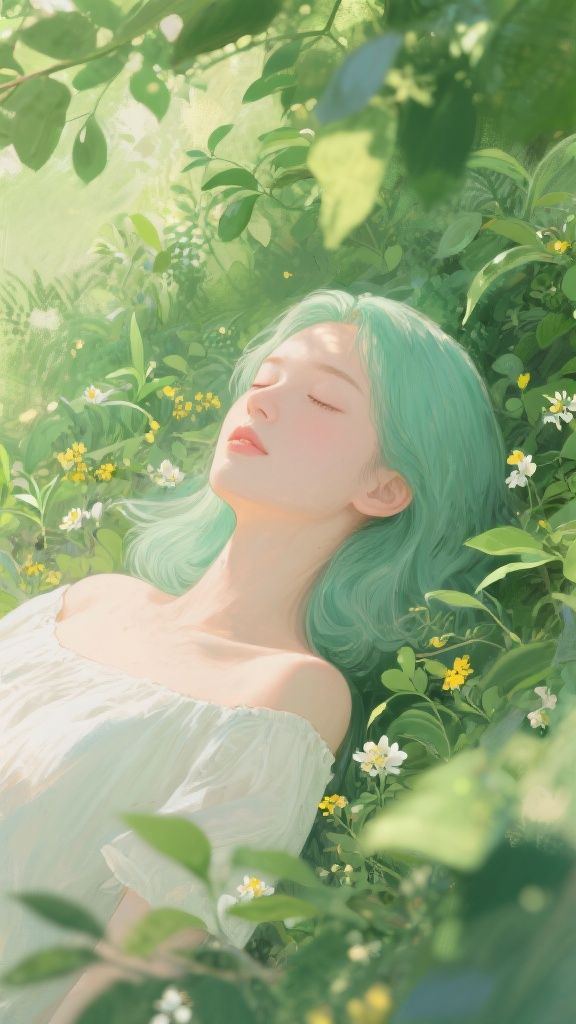 Dz.kc – Modern Western fine‑art editorial aesthetic. A serene, semi‑realistic illustration of a single young adult woman with…