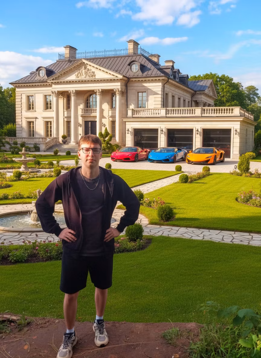 Просто Аккаунт – Transform this natural riverside scene into a luxurious estate setting. Keep the person in the same position and pose…