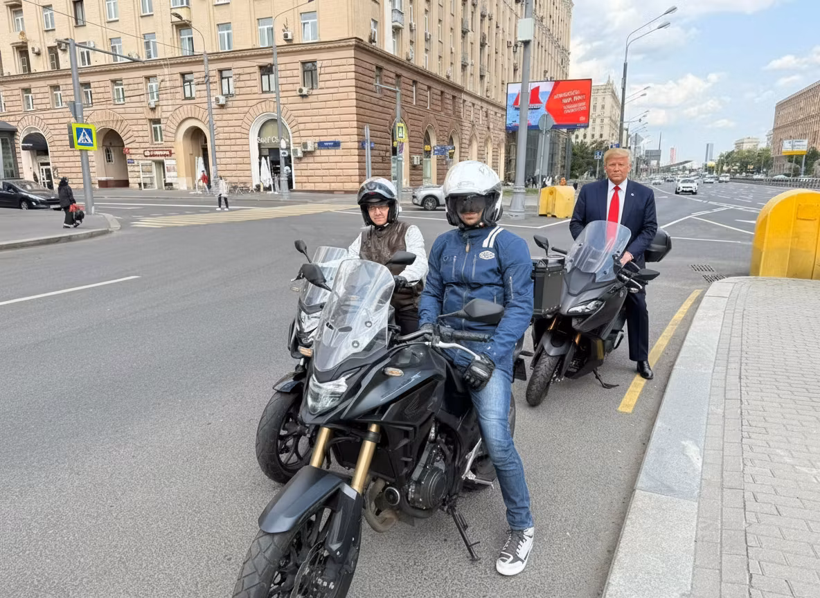 Vasily – Using the provided urban street scene with motorcycles, add Donald Trump sitting on the seat of the rear motorcycle (…
