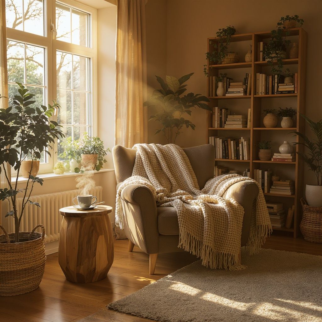 Tim Dye – Cozy living room interior with warm golden hour lighting streaming through large windows, comfortable oversized armch…