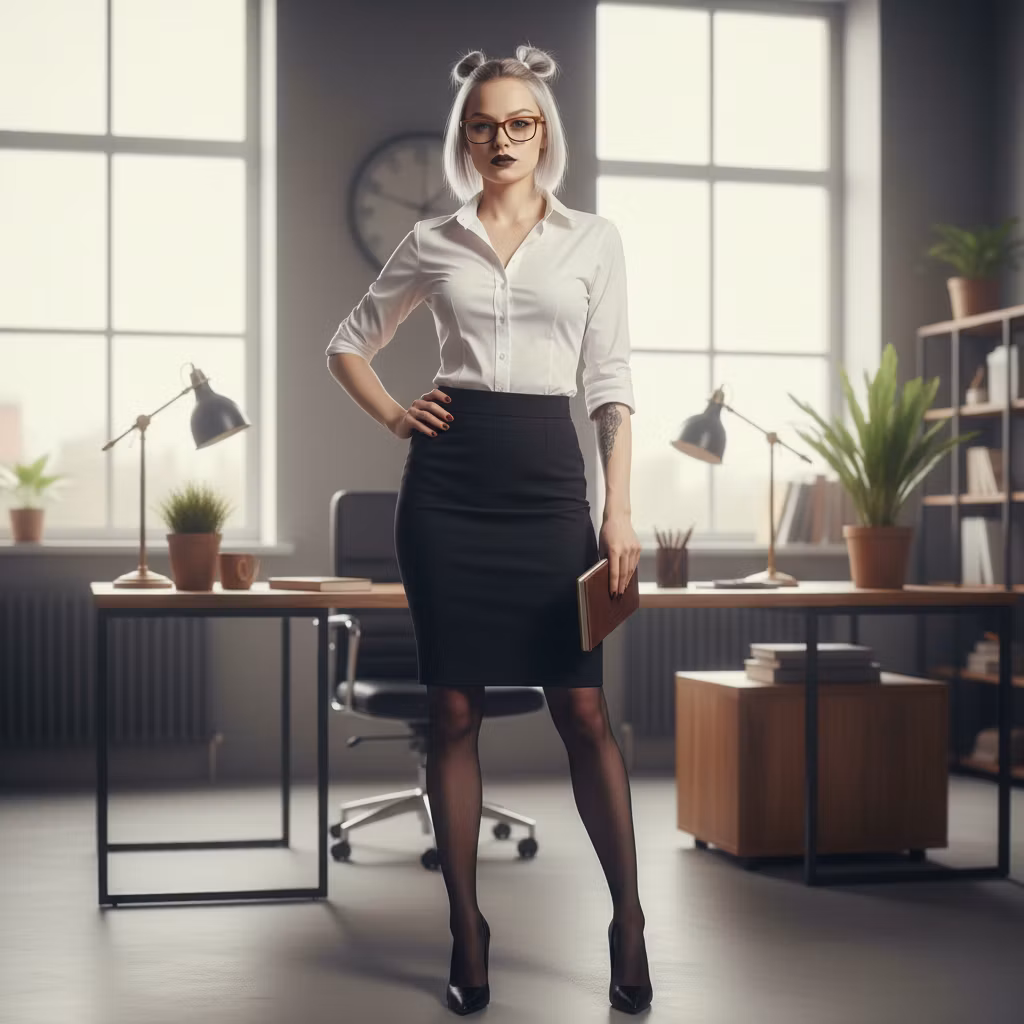 Андрей Ворон – Stunning adult woman with platinum blonde hair styled in two small buns, wearing brown-framed glasses with a confiden…
