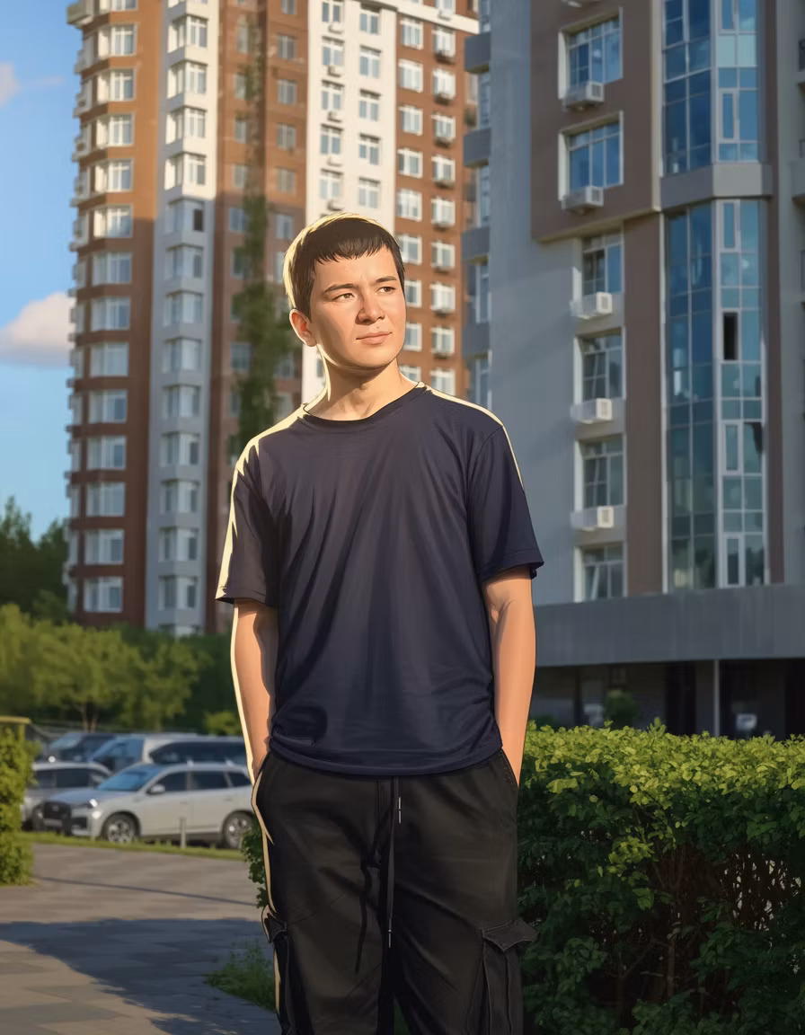 Yhu Yy – Anime-style illustration of a young man standing in an urban residential area during golden hour. He's wearing a dark…