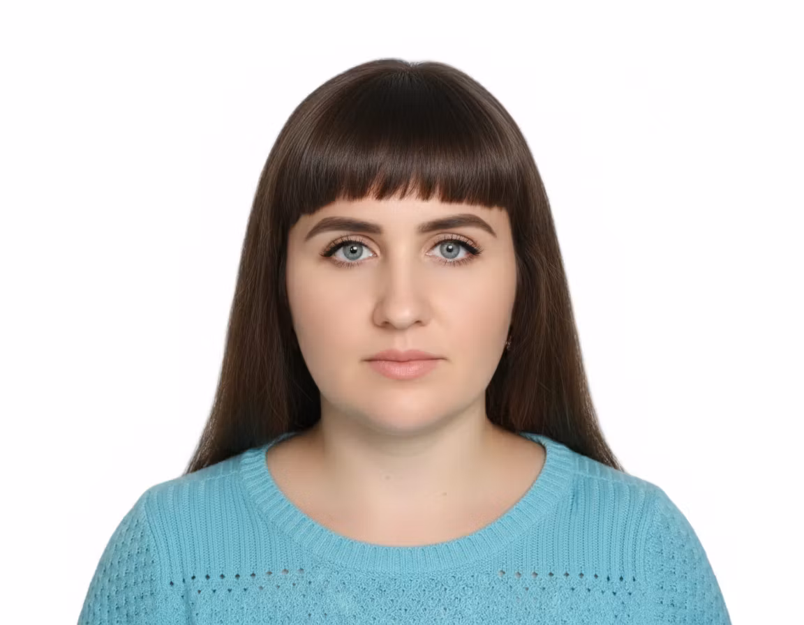 Ксения Павленко – Transform this portrait into an official Kazakhstan ID photo format. Remove all jewelry including earrings and the bl…
