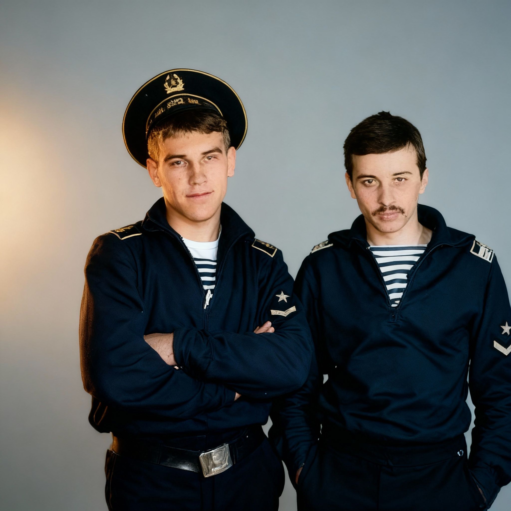 OceanK444 – Restore and colorize the provided vintage black-and-white photograph of two young sailors standing shoulder-to-should…