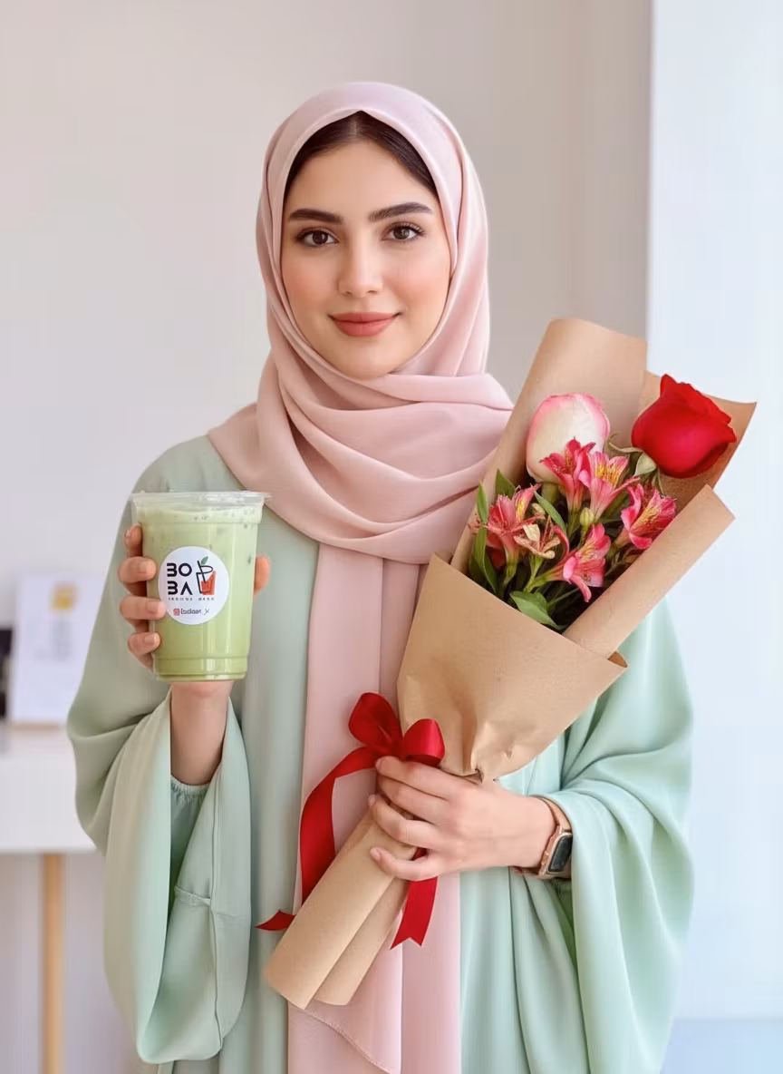 Mohammadsadegh Niazi – A beautiful young Persian woman wearing an elegant hijab, gracefully holding a green matcha or milk tea drink in one …