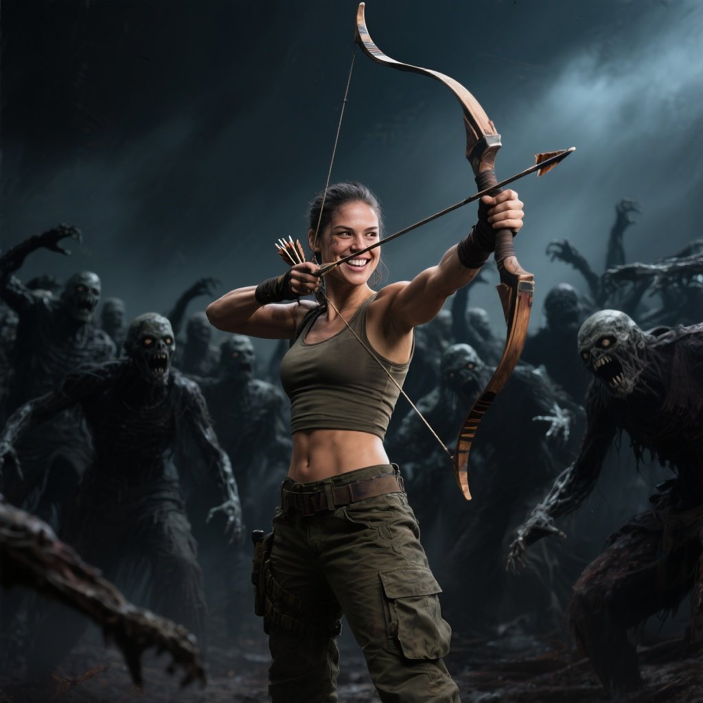 Prism Reality – Muscular athletic female warrior in fitted tank top and tactical cargo pants, holding bow with arrow drawn upward, co…