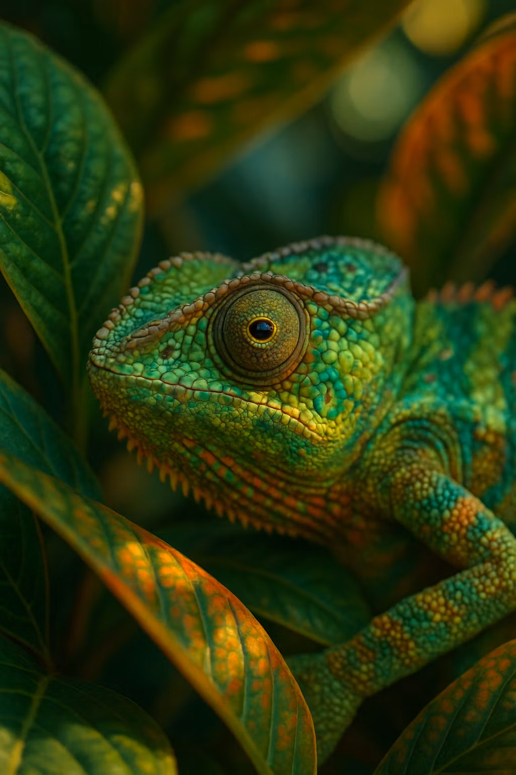 Kyro – Award-winning close-up macro photography of a chameleon blending into vibrant, textured tropical leaves. The chameleo…