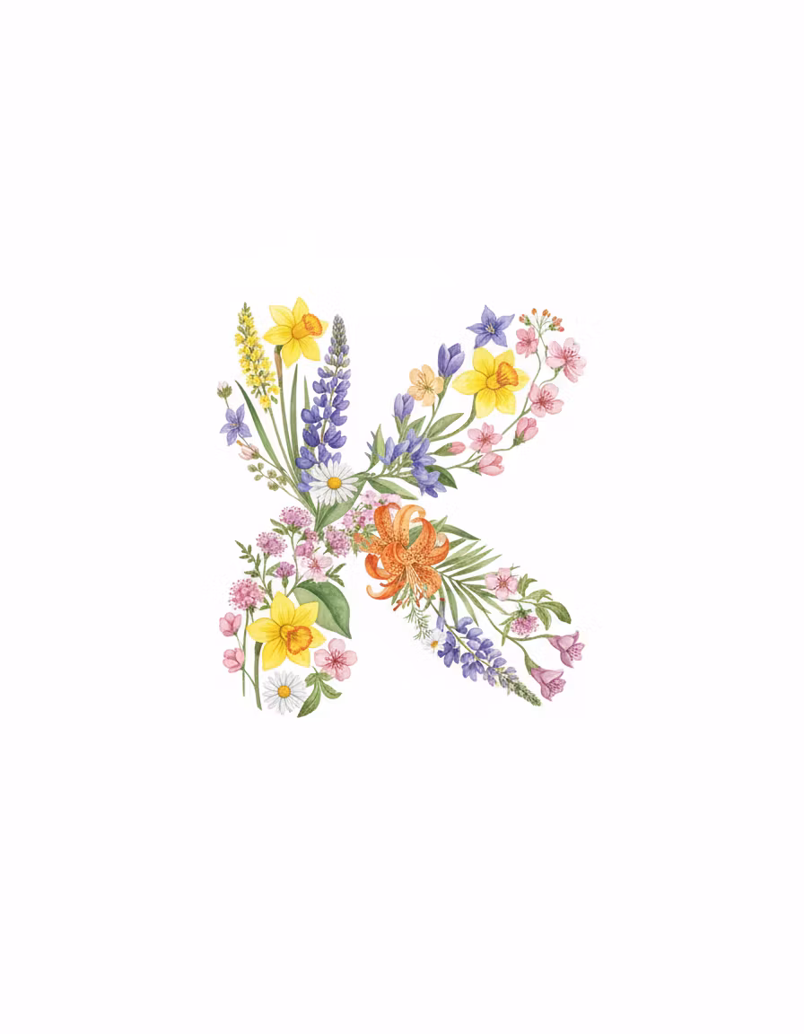 Kyro – A sophisticated logo design featuring the letter "K" composed of delicate watercolor botanical elements, with ample w…