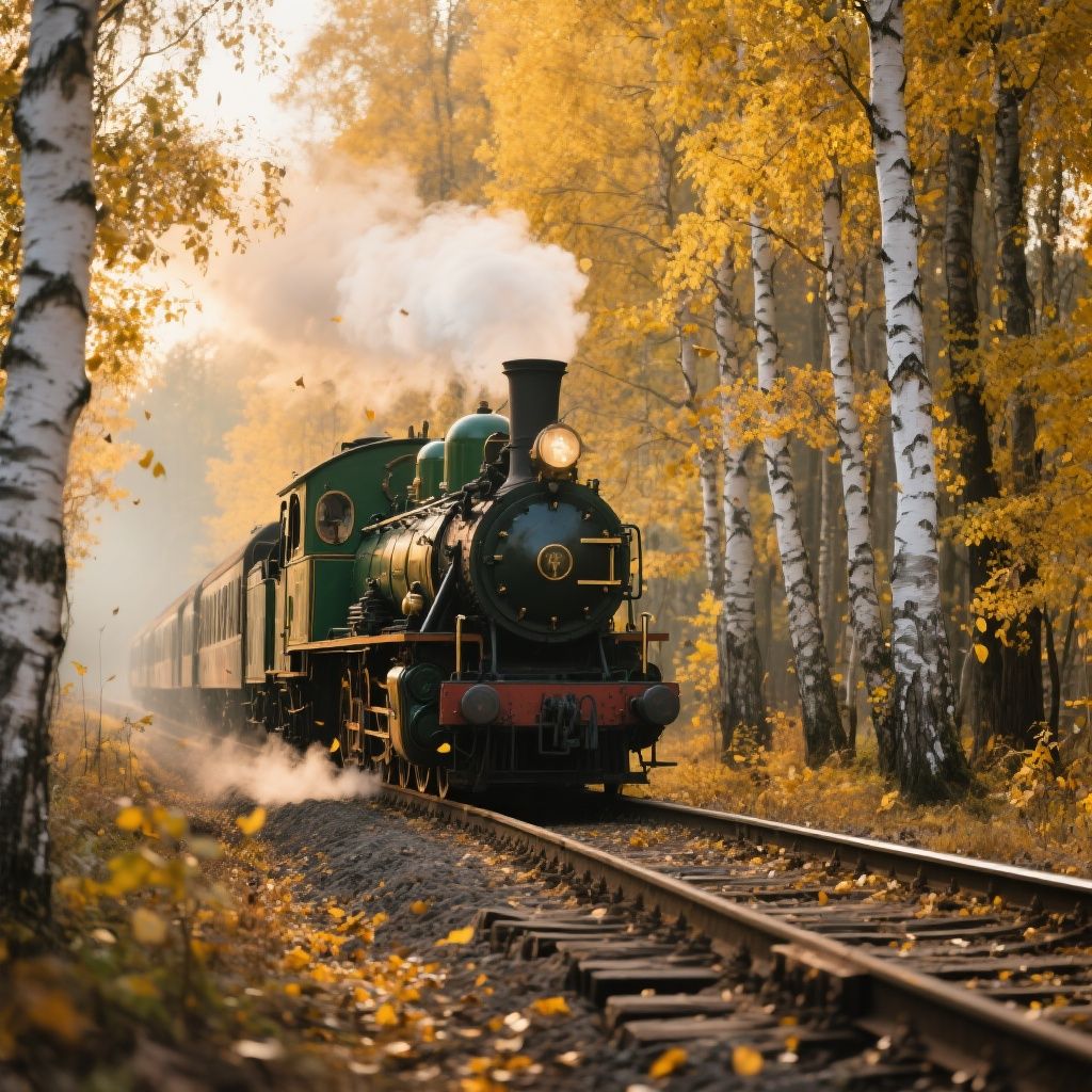 M MVM – Vintage steam train traveling through autumn birch forest, golden yellow birch leaves falling, white bark birch trees…