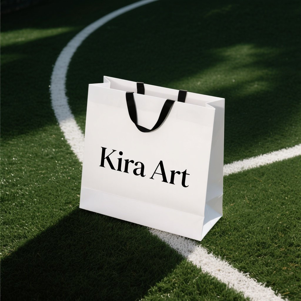 C. – A professional product photograph of a "Kira Art" shopping bag centered on a grass tennis court with a white curved l…