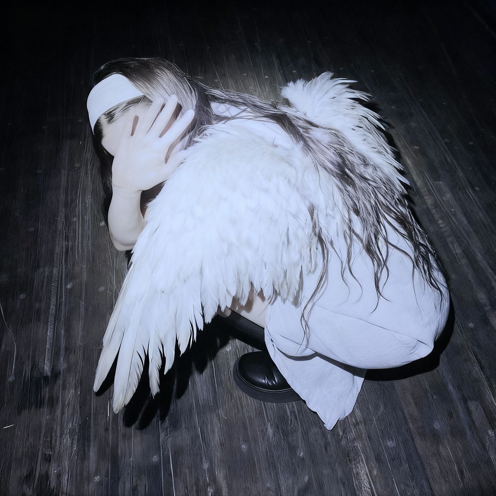 Ксения Каширина – Add drooping and tired angel wings emerging from the girl's back in the provided image. The wings should be large, fe…