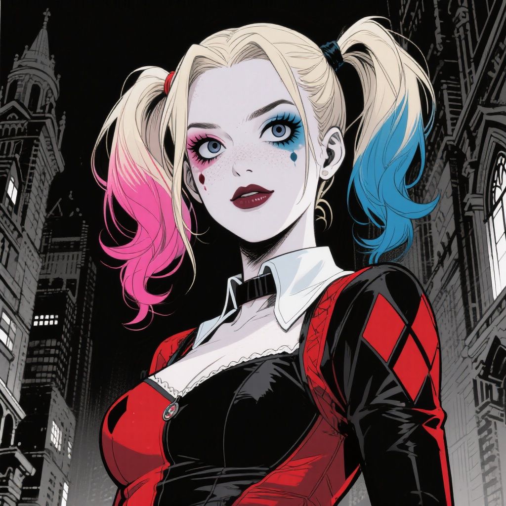 SFlow  – AnnaSophia Robb as Harley Quinn in Sui Ishida's art style, featuring his signature dark gothic aesthetic with intrica…