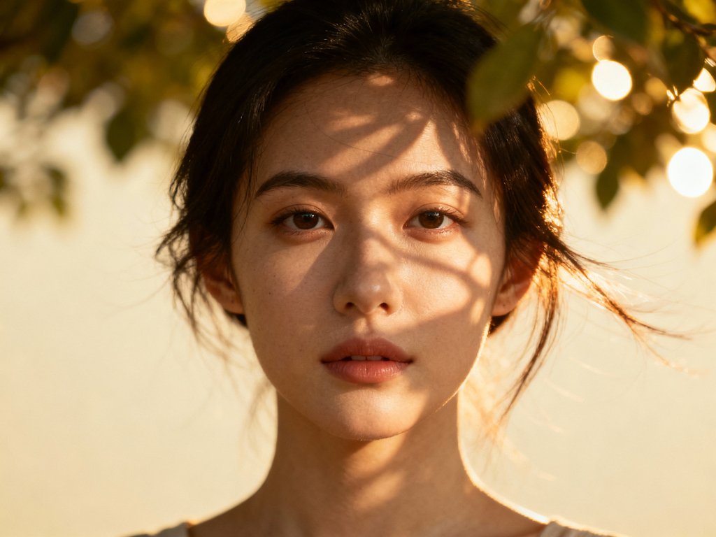 C. – Front-facing close-up portrait of a young woman, framed from chest up, bathed in dappled golden-hour sunlight filteri…