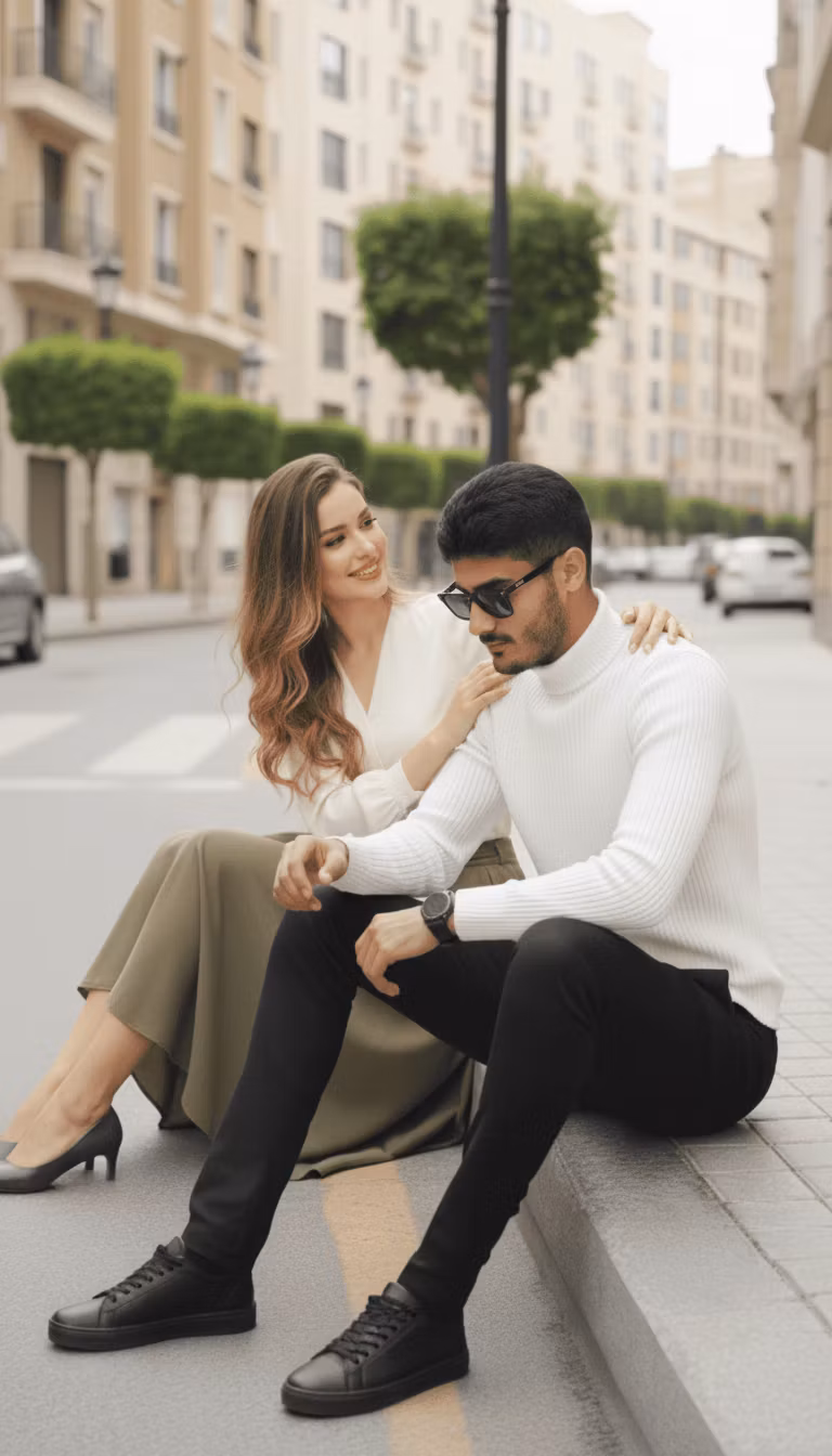 المهند اليماني – Using the provided image of a man and woman sitting on an urban curb, modify the woman's posture so that she places h…