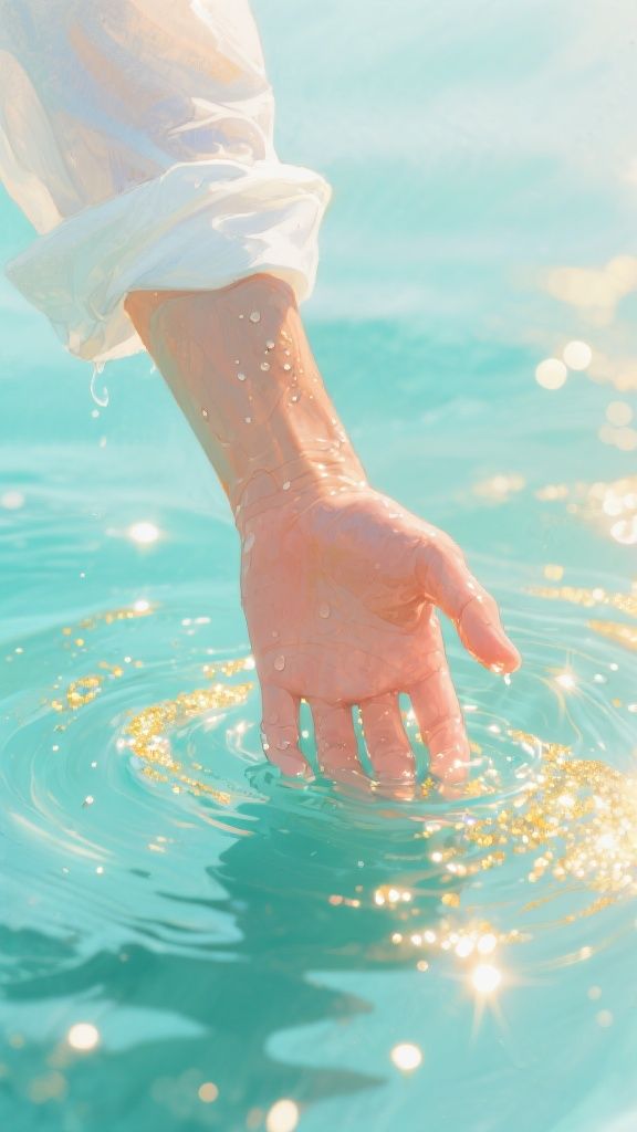 Dz.kc – Close-up of a single human hand emerging from sunlit turquoise water; the surface shimmers with golden sparkles and d…