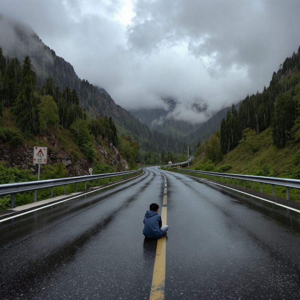 رضا شادیوند – A young Iranian boy sitting in the middle of the famous Chalus road in northern Iran, surrounded by lush green mounta…