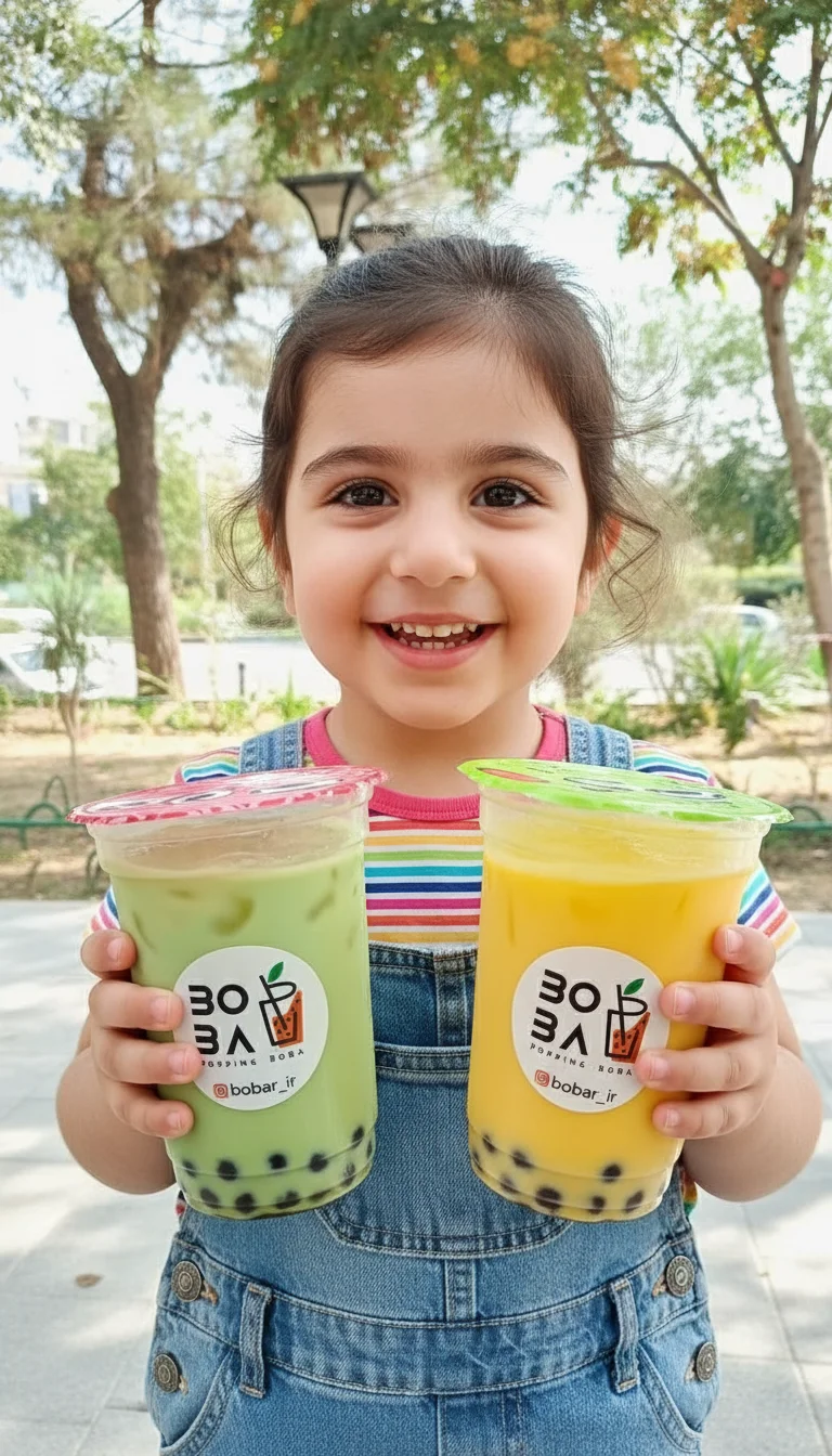 vahid ghajary – A happy Persian child holding two colorful boba drinks in transparent plastic cups with sealed lids. The left drink i…