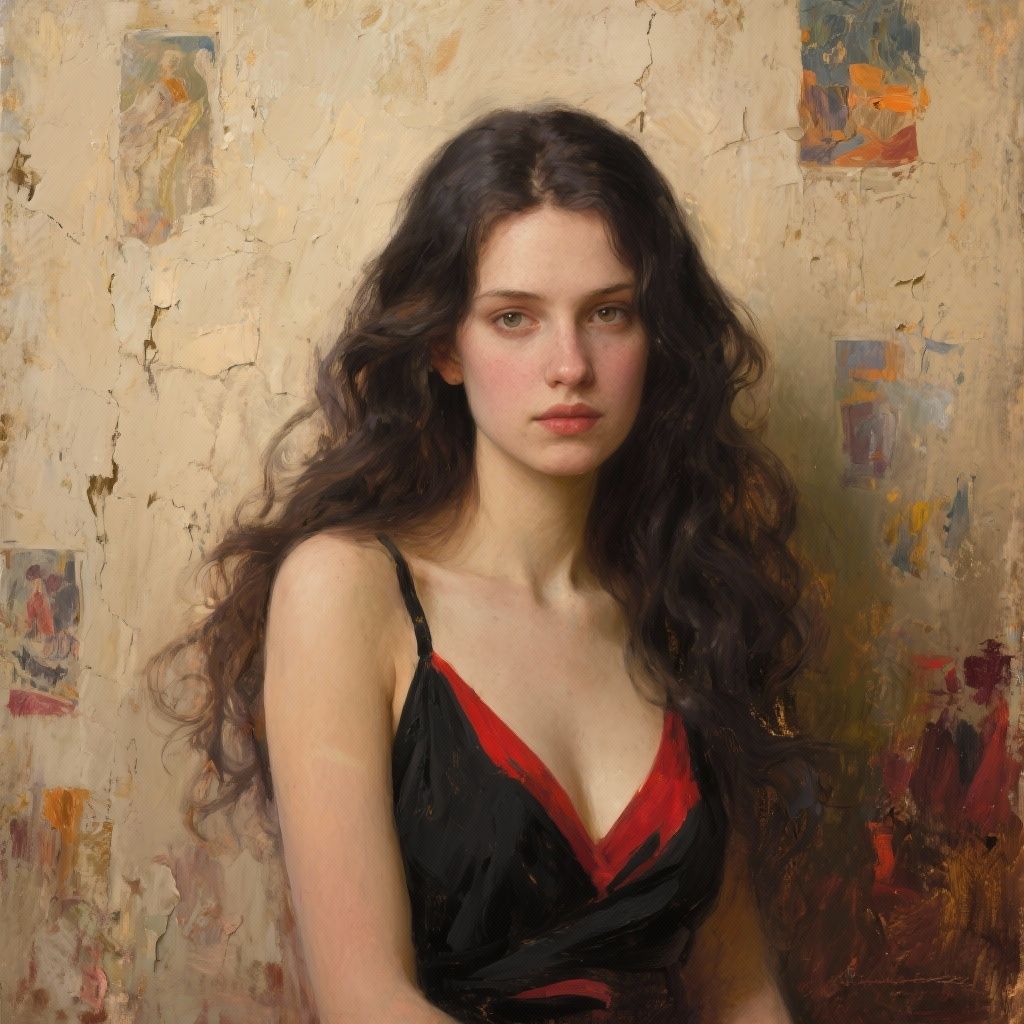 robert badalian – Oil painting portrait in the style of Konstantin Razumov, featuring a beautiful young woman with long dark hair style…