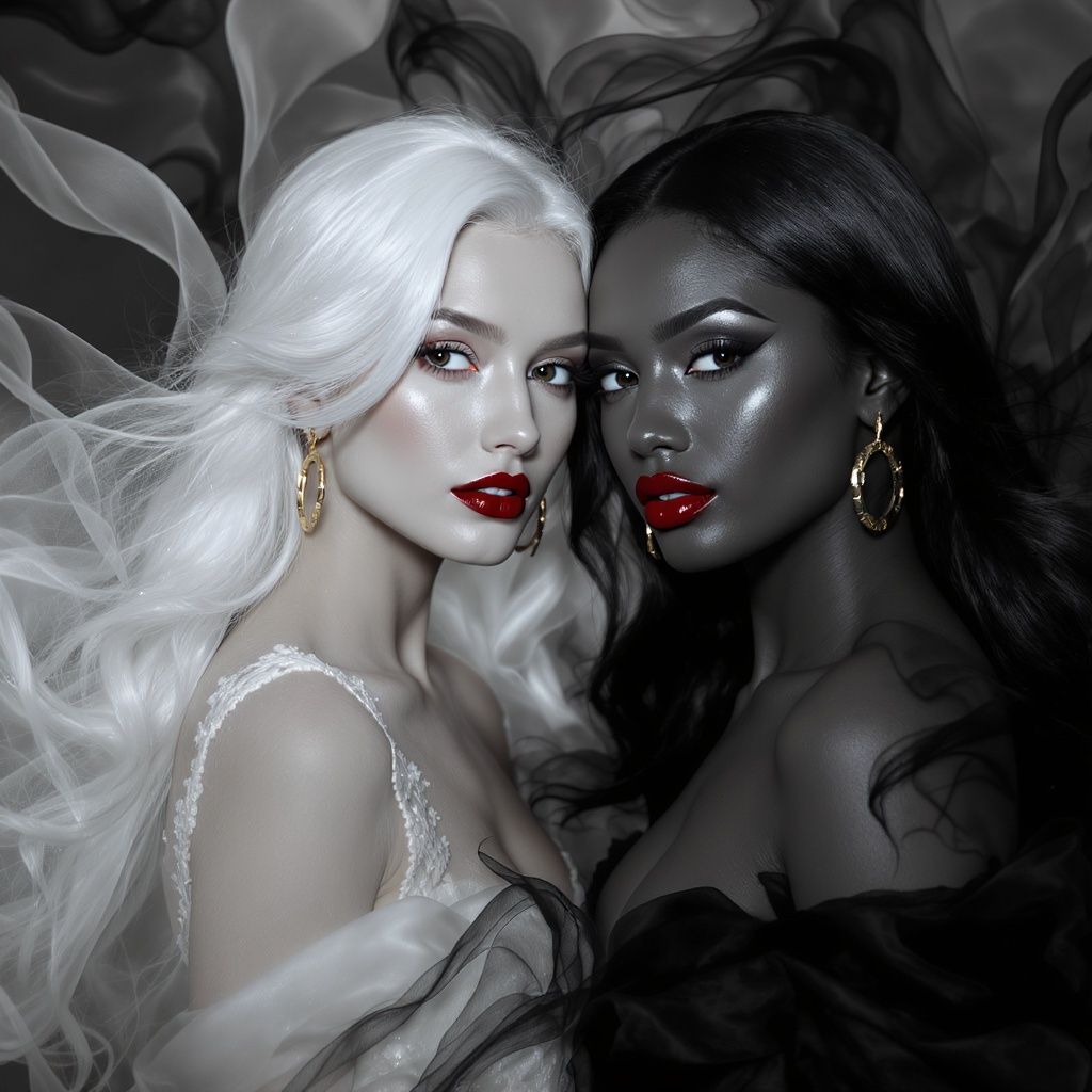 Футур Мент – Two stunning European supermodels positioned intimately close together, both gazing directly at the viewer with capti…
