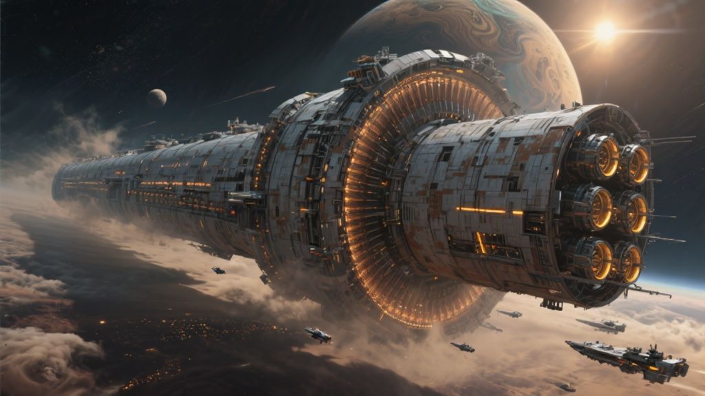 Jason P. – Massive interstellar ark generation ship in deep space, planetoid-scale vessel with rotating habitat rings creating s…