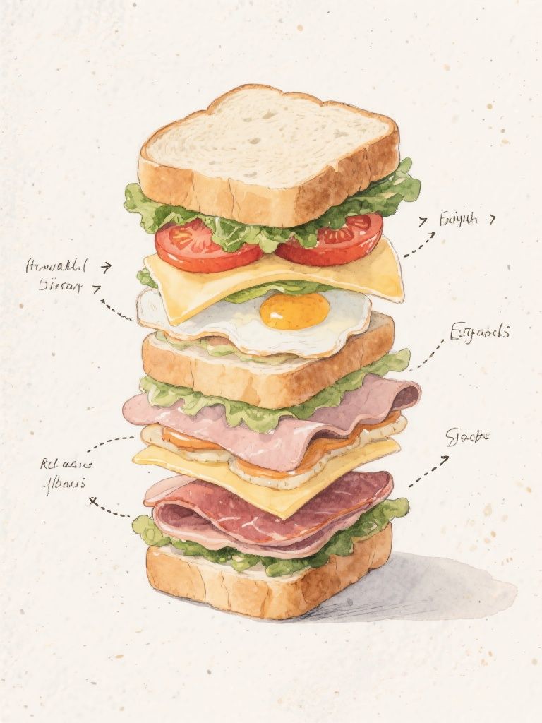 Ccddz – Playful, hand‑drawn cookbook illustration of an exaggeratedly tall, multilayered sandwich, front‑facing with a slight…