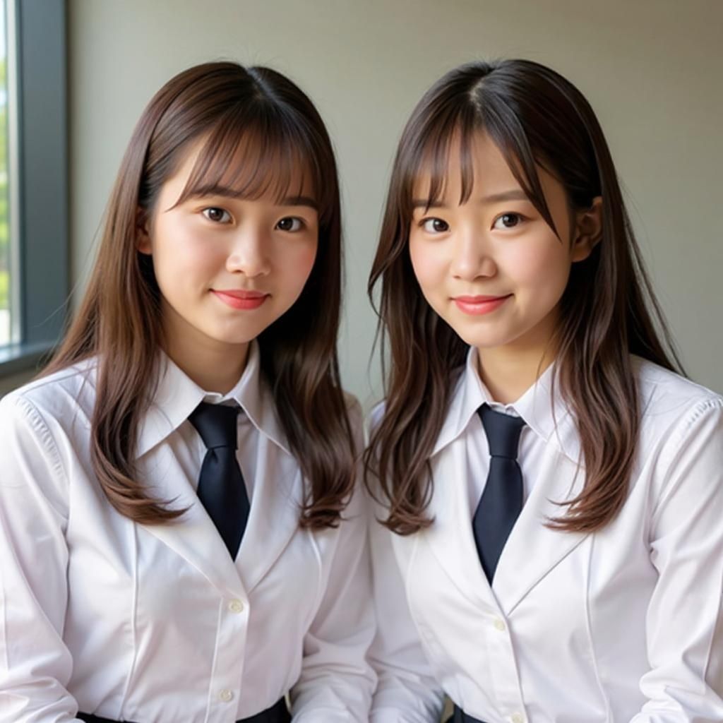 Fang Kun – Twin sisters portrait, identical young girls with soft facial features, straight shoulder-length hair with neat bangs…