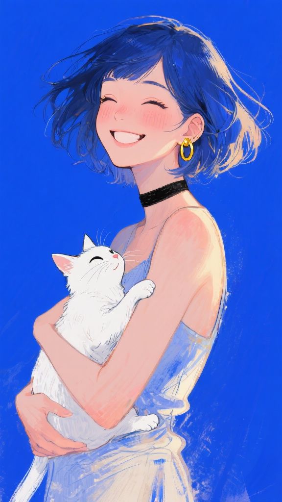 Dz.kc – Loose painterly illustration, semi-abstract and anime-inspired. A smiling young woman (mid-20s) with short, windswept…