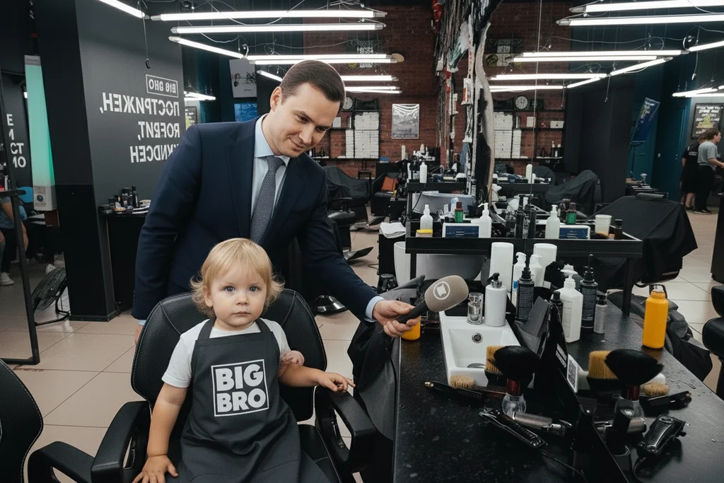 ViolenteRouse Евген – Position the Russian journalist closer to the child, standing directly to the left side of the barber chair, very clo…
