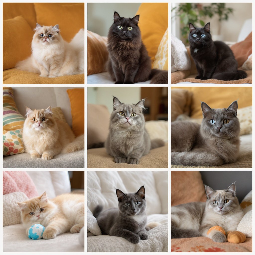 Student_09 – A collection of adorable cats in various poses and breeds, featuring fluffy Persian cats, sleek Siamese cats, playful…
