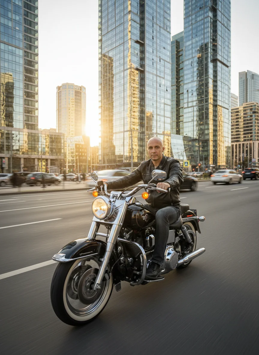 D R – Create a dynamic photograph showing the person from the first image riding a Harley Davidson motorcycle through the c…