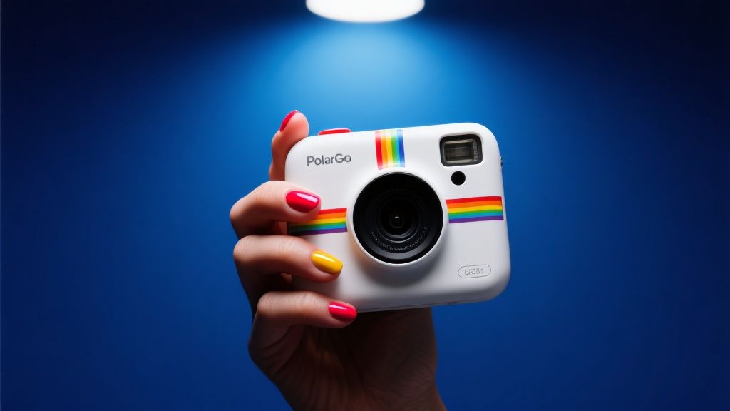 Ccddz – A dramatically lit photograph showcasing a hand with vibrant nail polish holding a white Polaroid Go instant camera a…