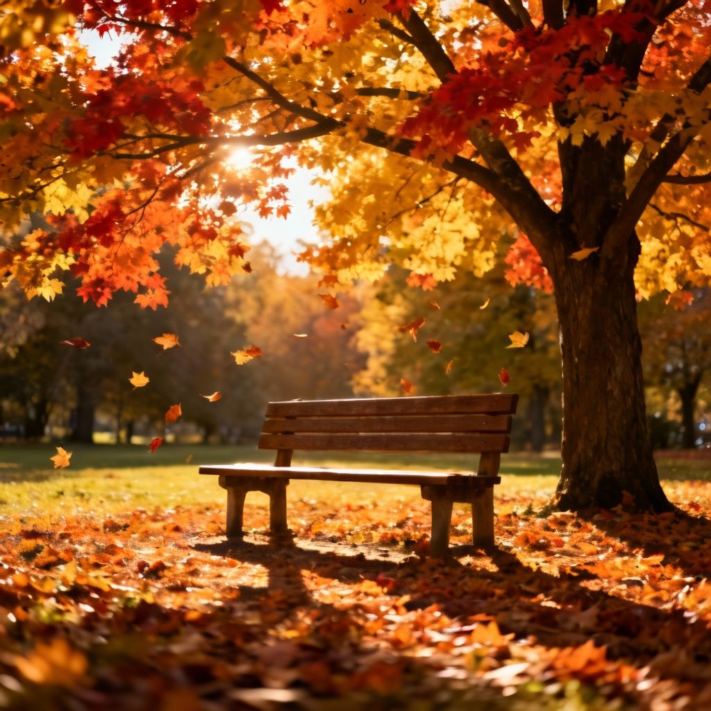 Михайло – A serene autumn park scene with a wooden bench invitingly placed under a canopy of trees shedding vibrant orange, red…