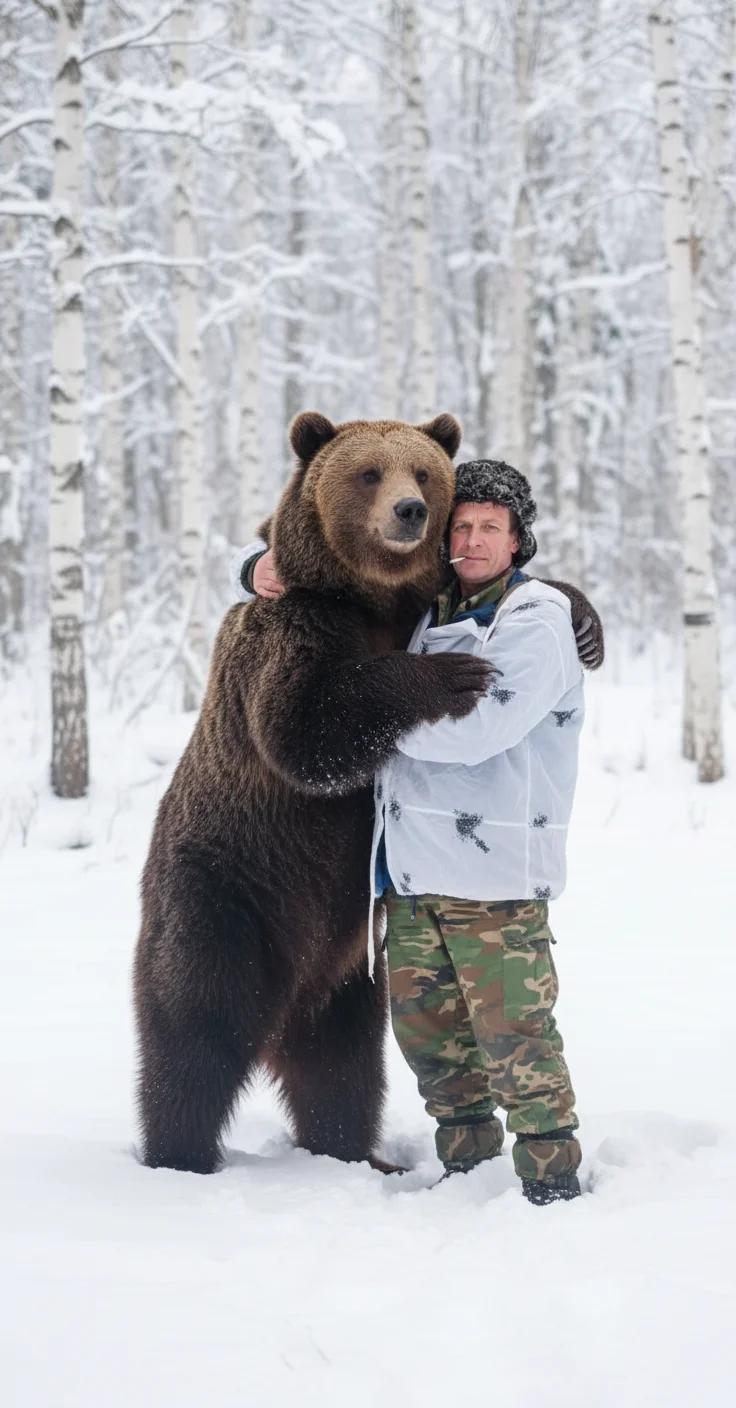 Борис Колесников – A heartwarming scene of a person gently embracing a large, majestic brown bear in a snowy winter forest. The person i…