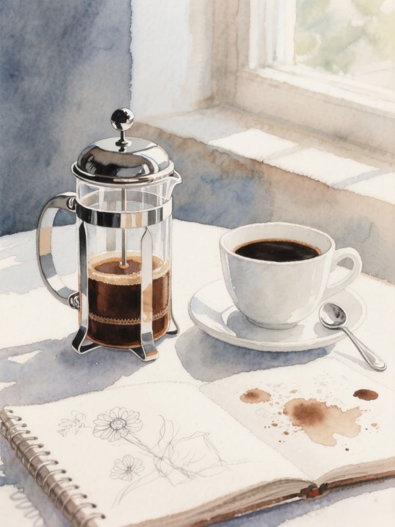 Ccddz – Loose, expressive watercolor still life of a French press and a white ceramic coffee cup filled with dark coffee on a…