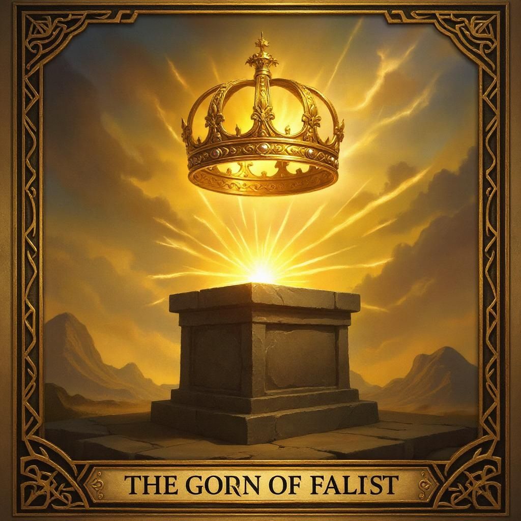 luying han – Epic fantasy tarot card illustration, golden crown floating above ancient stone altar, radiant golden light rays eman…